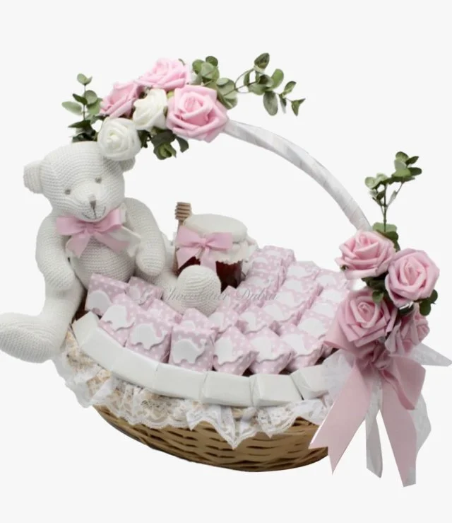 Baby Girl Teddy Elephant Decorated Chocolate Basket By Le Chocolatier