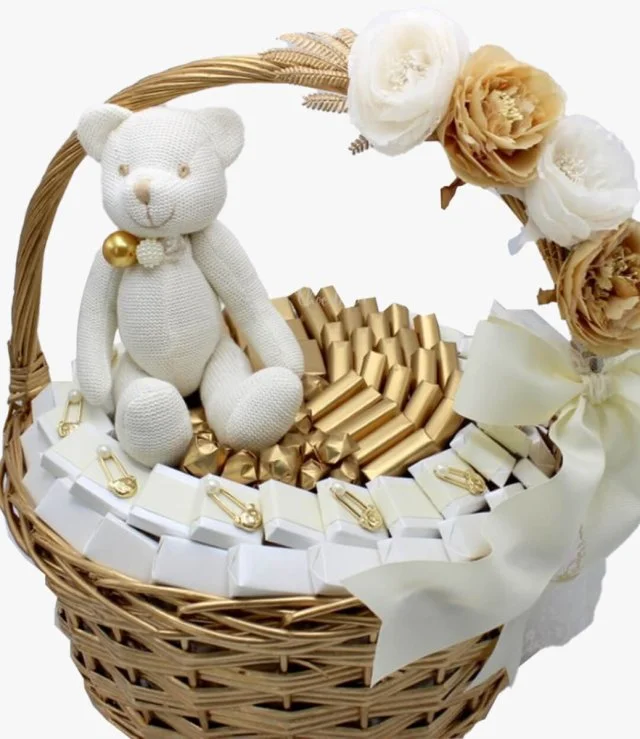 Baby Teddy Bear Floral Pin Decoraetd Chocolate Basket By Le Chocolatier