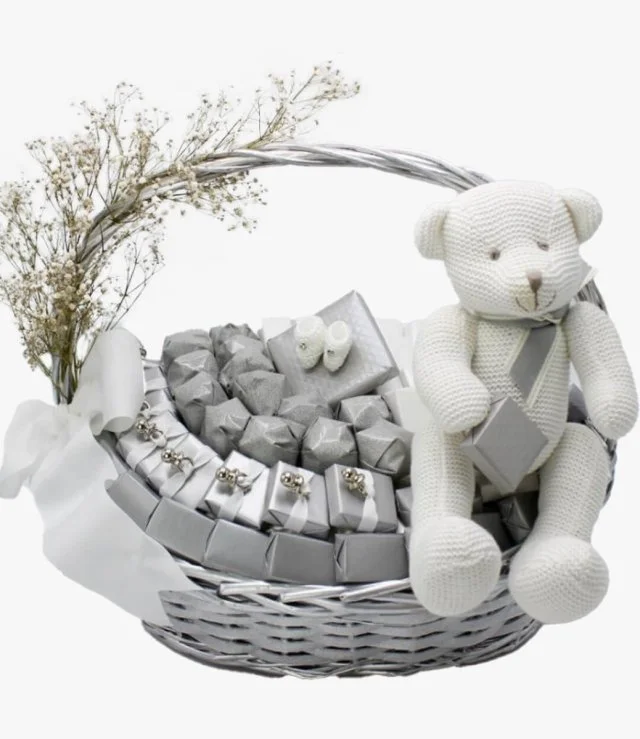 Baby Teddy Silver Pacifier Decorated Chocolate Basket By Le Chocolatier