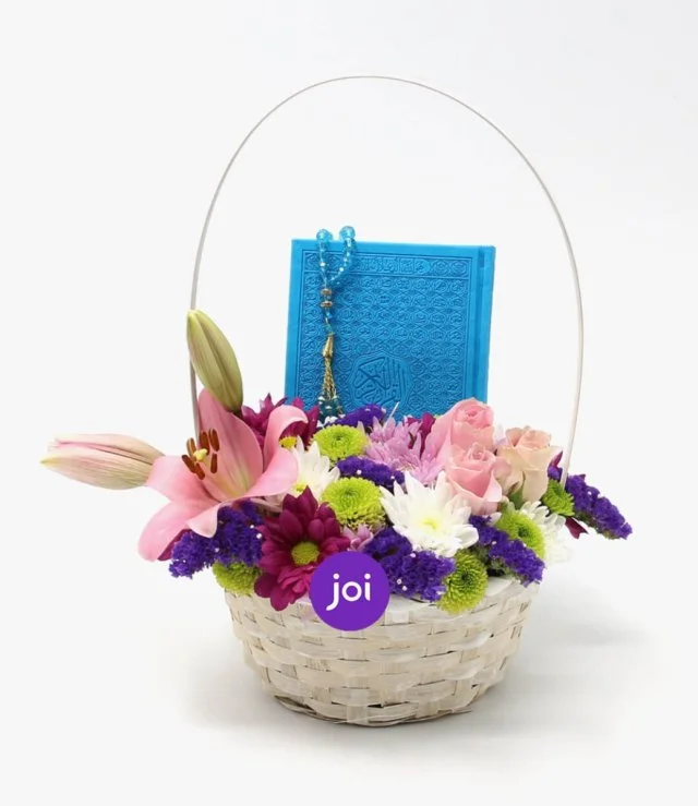 Basket of Flowers with Holy Quran and Rosary (Blue)