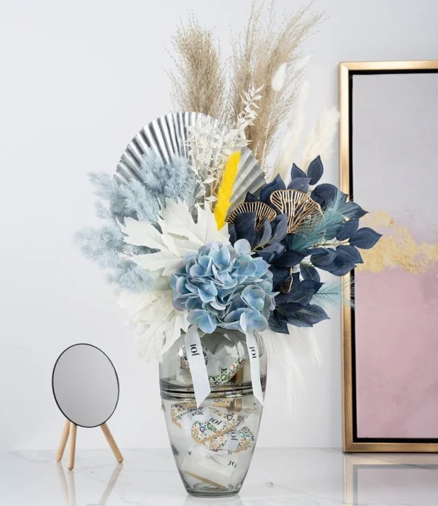 Blue Dried Flowers Oval Vase and Bateel Chocolate Bundle