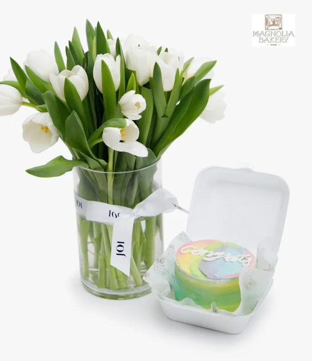 Congrats Lunch Box Cake And White Tulips Flowers Bundle