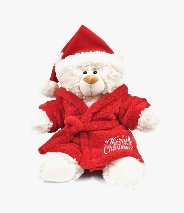 Cream Bear 38cm with Santa Hat, Bathrobe with Merry Christmas Embroidery by Fay Lawson