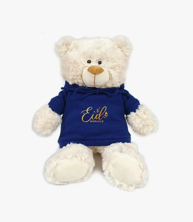 Cream Bear with Blue EID Mubarak Hoodie Size 38cm By Fay Lawson