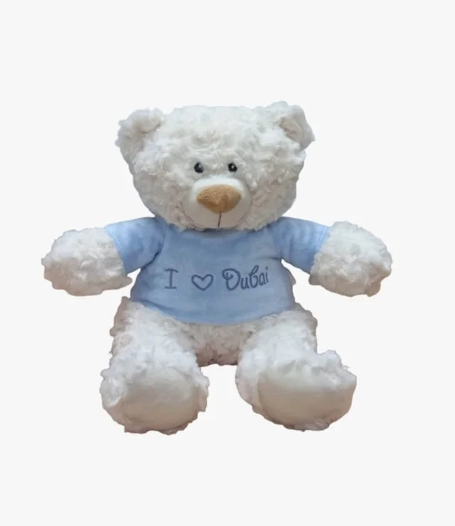 Cream Bear with trendy Blue Velour Hoodie "I Heart Dubai" Size 38cm - Embroidered
