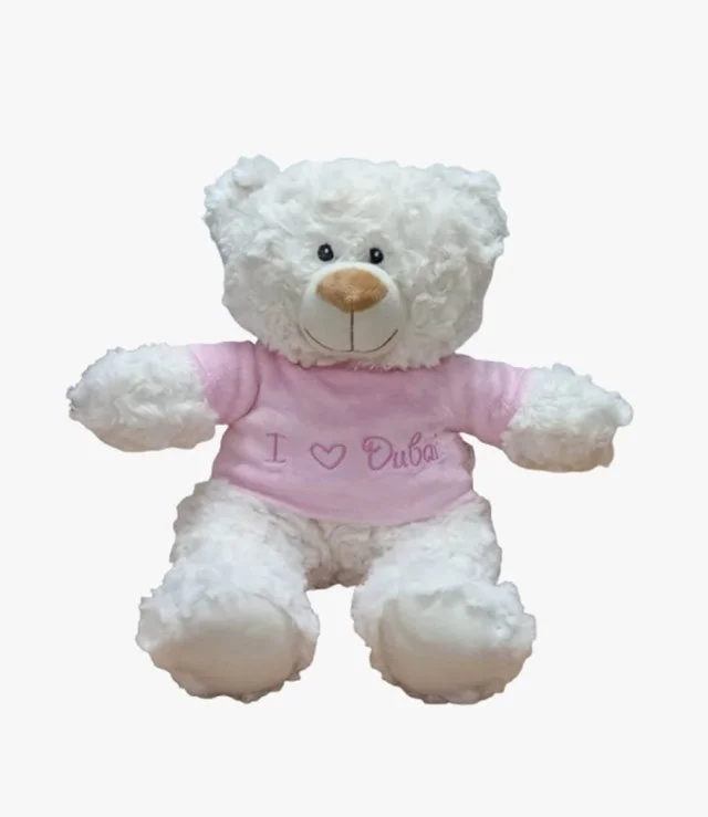 Cream Bear with trendy Pink Velour Hoodie "I Heart Dubai" Size 38cm - Embroidered