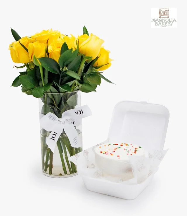 Customized Text Lunch Box Cake And Yellow Roses Flowers Bundle