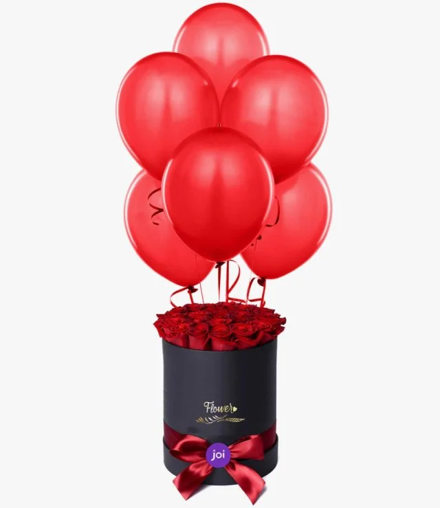 Red Roses Cylindrical Box & Balloons Bundle