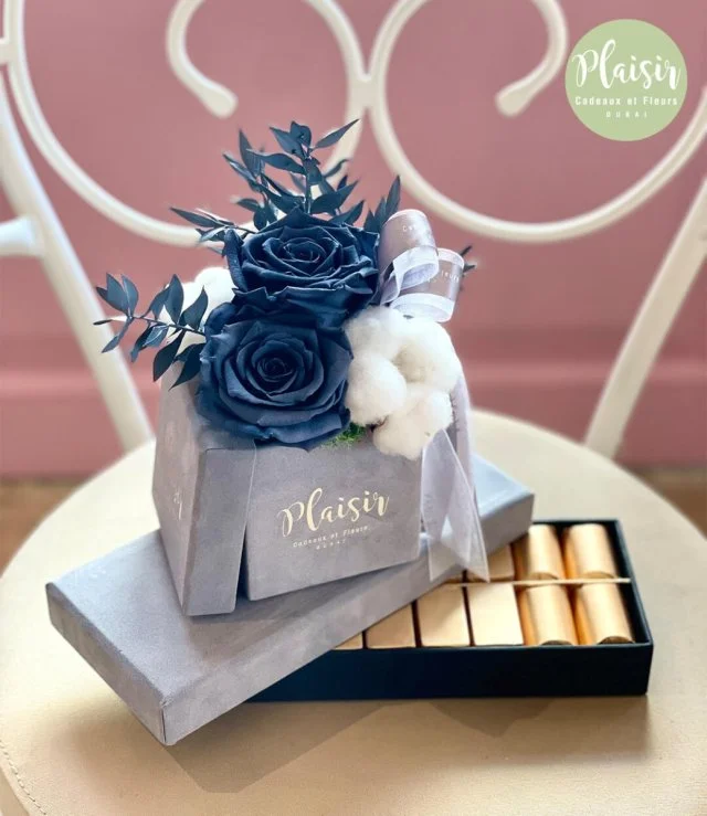 Double Infinity Rose and Patchi Chocolate Giftset in Grey by Plaisir