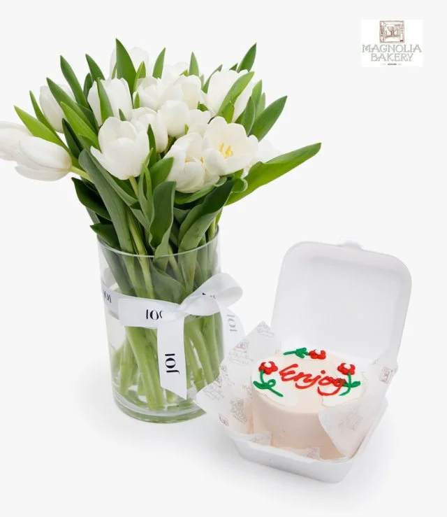 Enjoy  Lunch Box Cake And Pink Roses Flowers Bundle