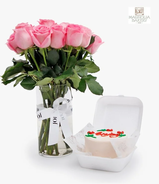 Enjoy Lunch Box Cake And Pink Roses Flowers Bundle 2