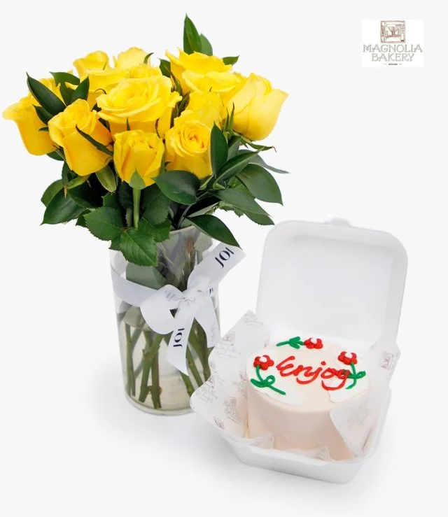 Enjoy Lunch Box Cake And Yellow Roses Flowers Bundle