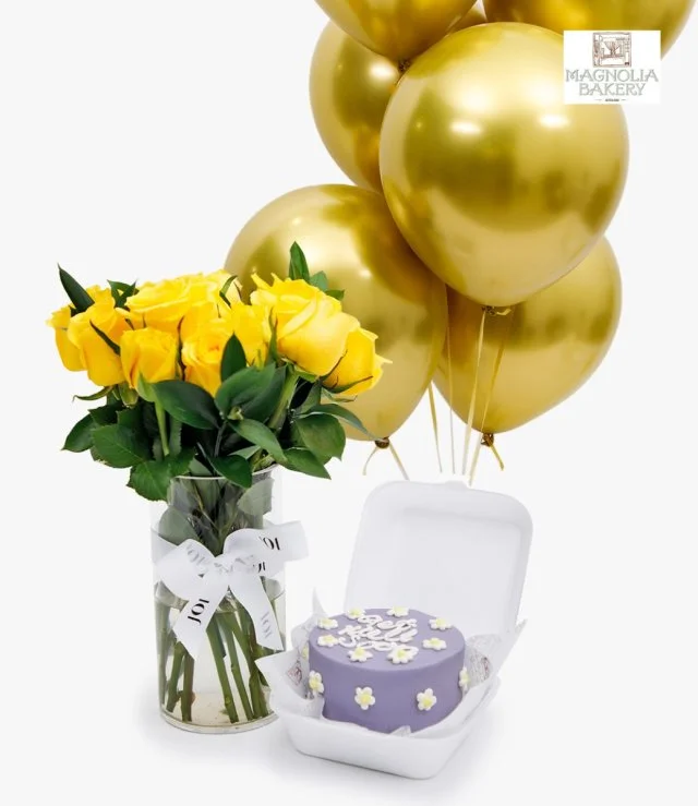 باقة تمنياتي بالشفاء كيك لانش بوكس قابلة للتعديل مع باقة الزهور الصفراء والبالونات