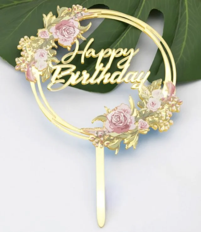 Gold Round Floral Birthday Cake Topper