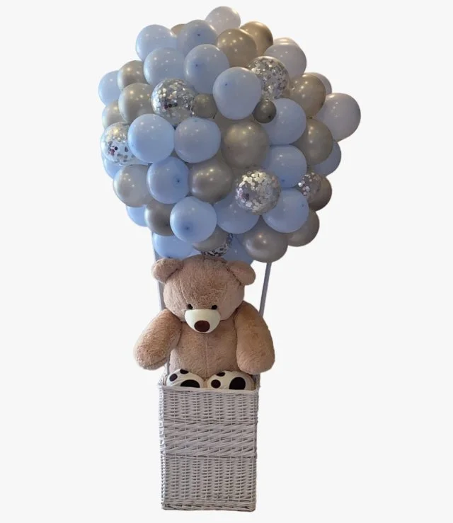 Blimp Blue Balloons Arrangment with Teddy Bear 