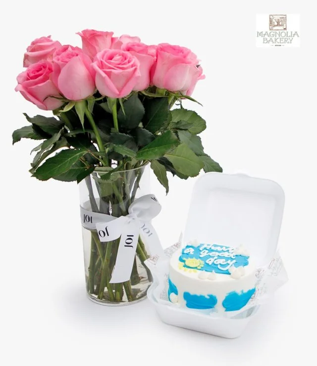 Have A Nice Day Lunch Box Cake And Pink Roses Flowers Bundle