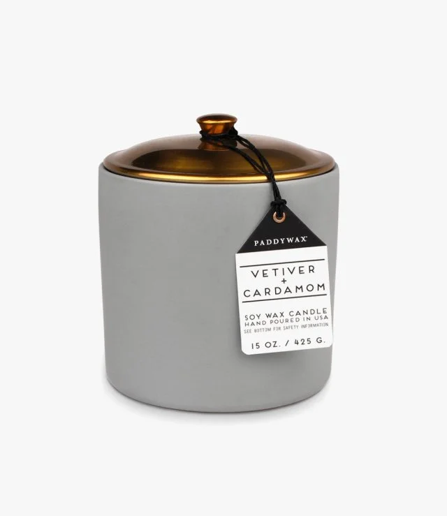 Hygge 15 Oz. Grey Ceramic With Lid Vetiver Cardamom by Paddywax