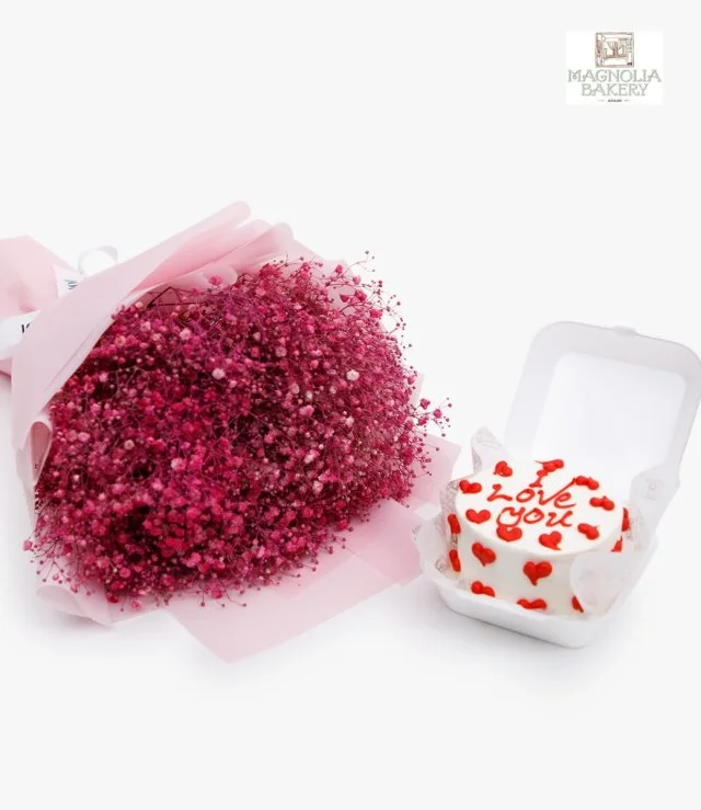I Love You Lunch Box Cake And Pink Gypsophila Flowers Bundle