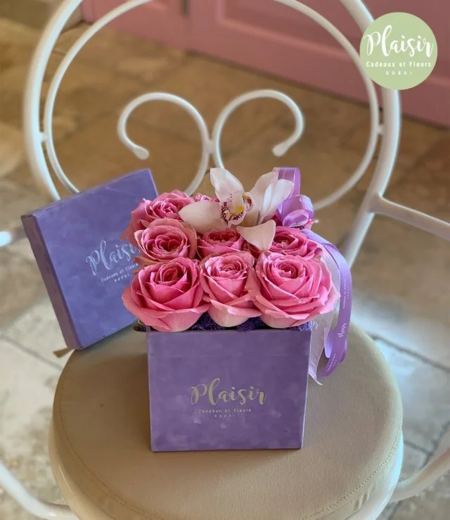 Lilac Square Rose Box With Orchid By Plaisir