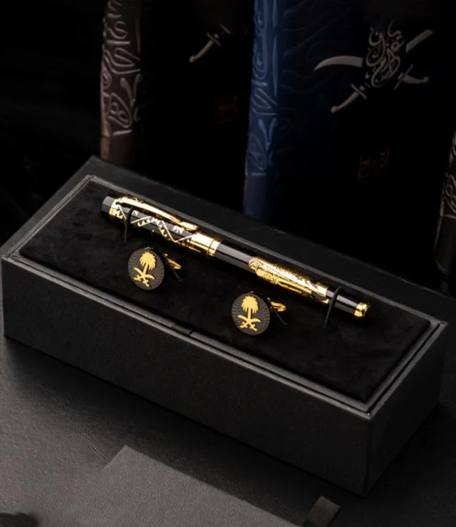 طقم قلم الفارس قلم الفارس الذهبي وكبك الرسمي الذهبي يأتي في صندوق جلد فاخر جميل للهداية