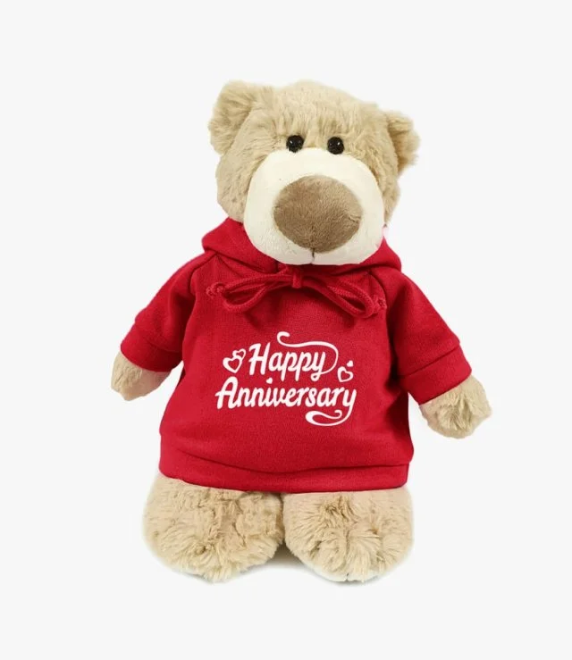 Mascot Bear in Red Hoodie "Happy Anniversary" by Fay Lawson