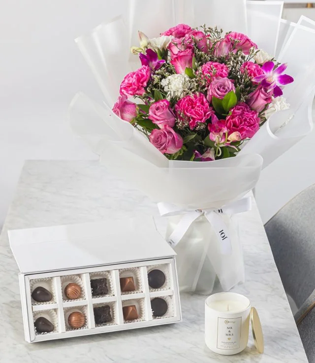Mr & Mrs Flowers, Chocolate and Candle Bundle