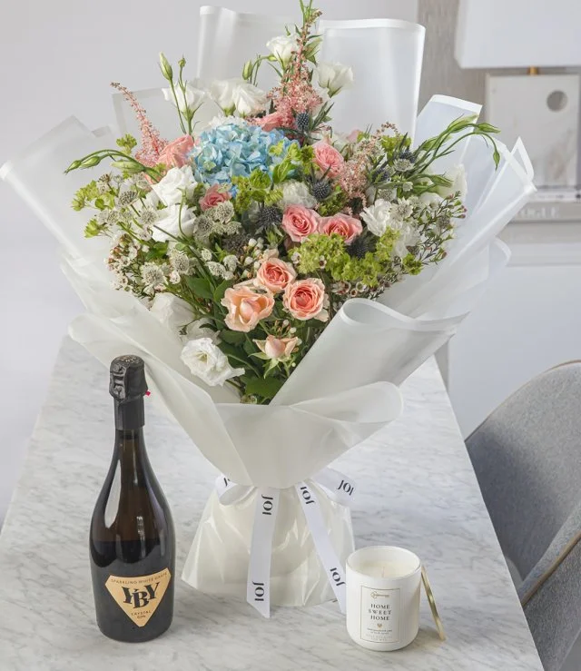 New Home Flowers, Candle & Bubbles Gift Bundle