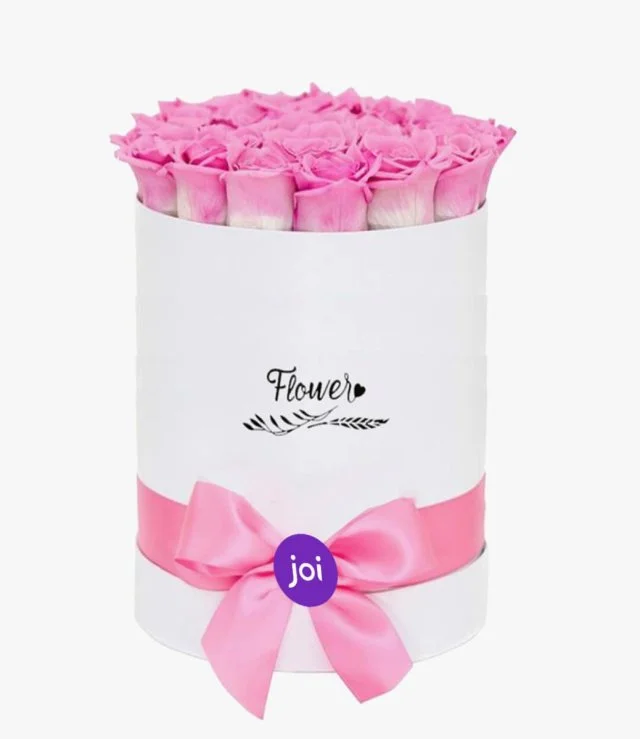 Pink Roses in a Cylindrical  White Box (25-30 roses)