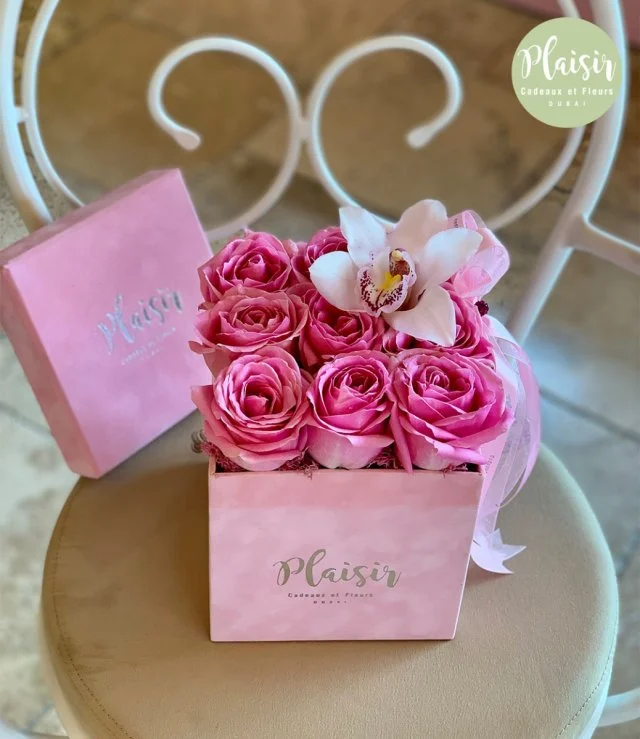 Pink Square Rose Box With Orchid By Plaisir