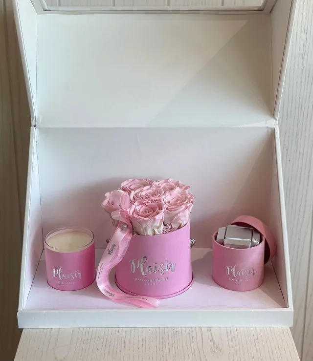 Pink Trio Gift Box with (6) Rose Infinity Arrangement by Plaisir