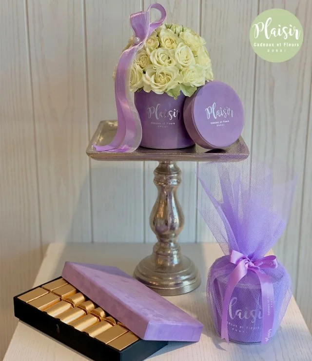 Purple Mini Rose Dome With Chocolates & Candle By Plaisir