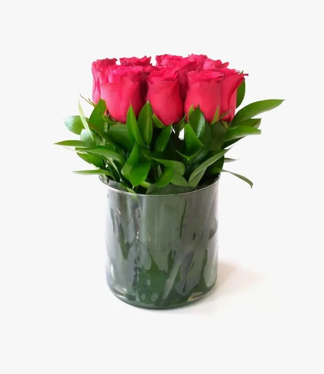 Raised Roses in Round Glass Vase