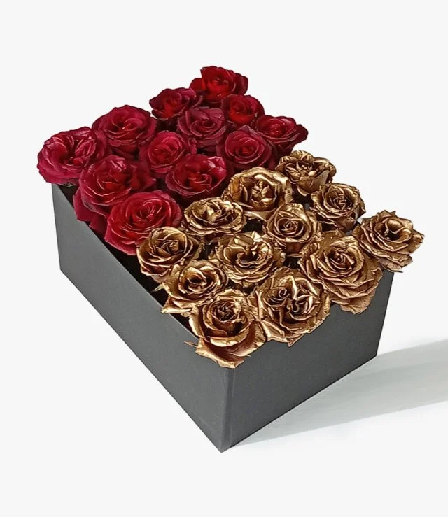 Red and Gold Color Roses in Rectangular Box