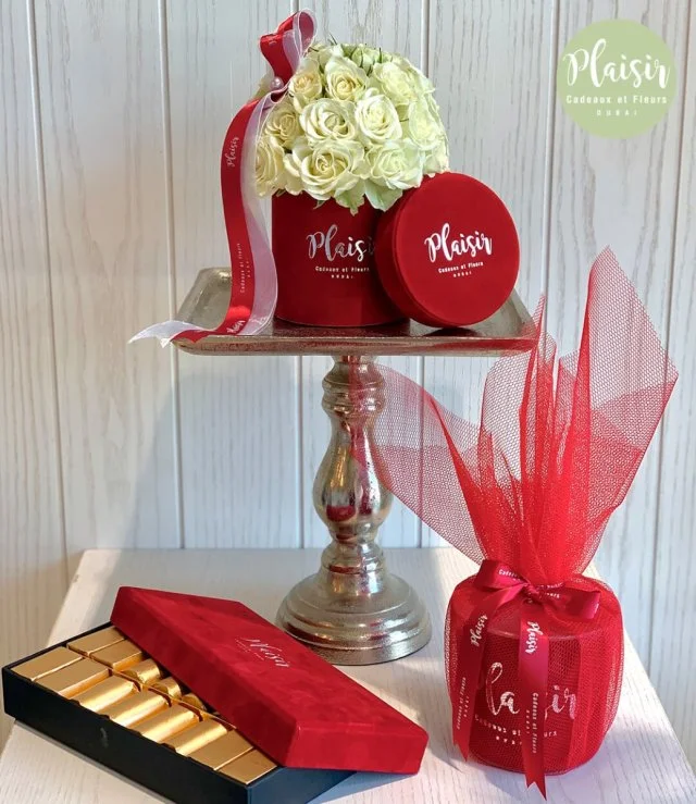 Red Mini Rose Dome With Chocolates & Candle By Plaisir