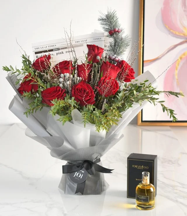 Red Roses Vase Bouquet with 1988 Perfume 100ml by Forever Rose London
