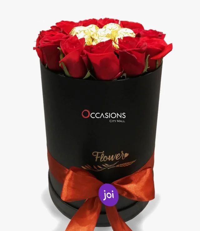 Red Roses & Chocolate in a Cylindrical Box