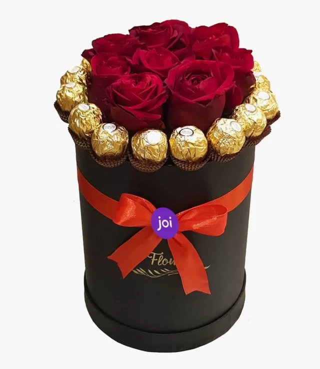 Red Roses & Chocolate in a Cylindrical Black Box