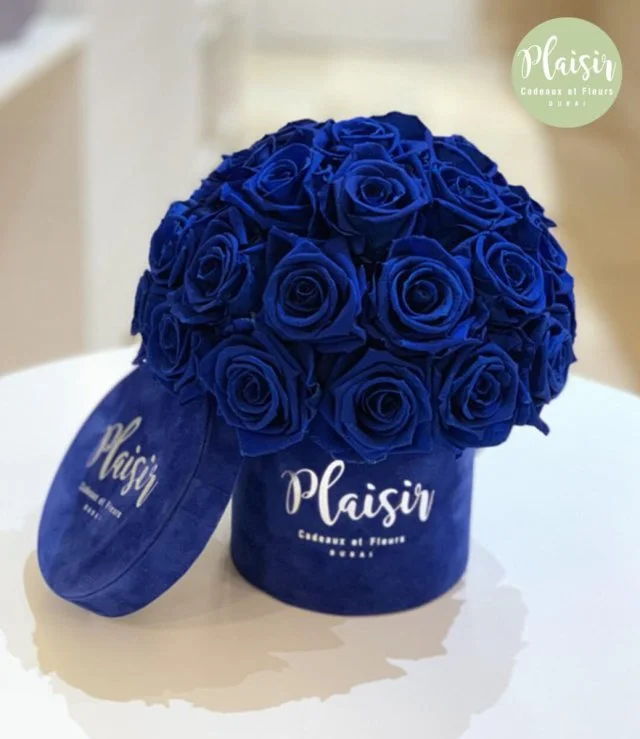 Royal Blue Infinity Roses Round Box By Plaisir