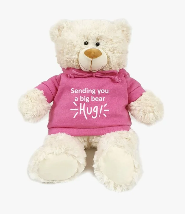 Cream Bear with  "Sending You A Big Bear Hug" Pink Hoodie By Fay Lawson