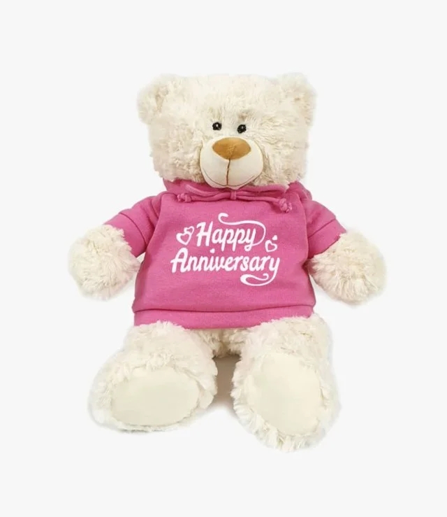 Teddy Bear in Pink Hoodie "Happy Anniversary" by Fay Lawson