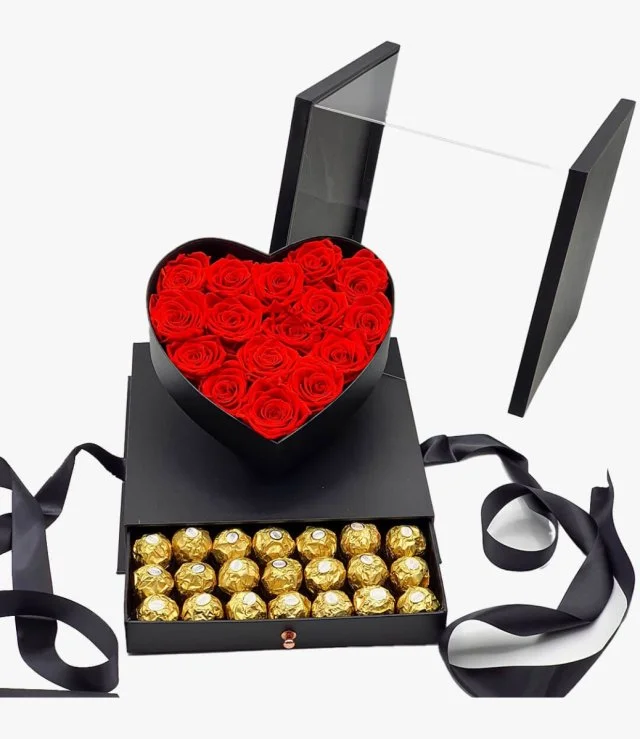 صندوق الورود الرومانسية المطلقة مع شوكولاتة فيريرو