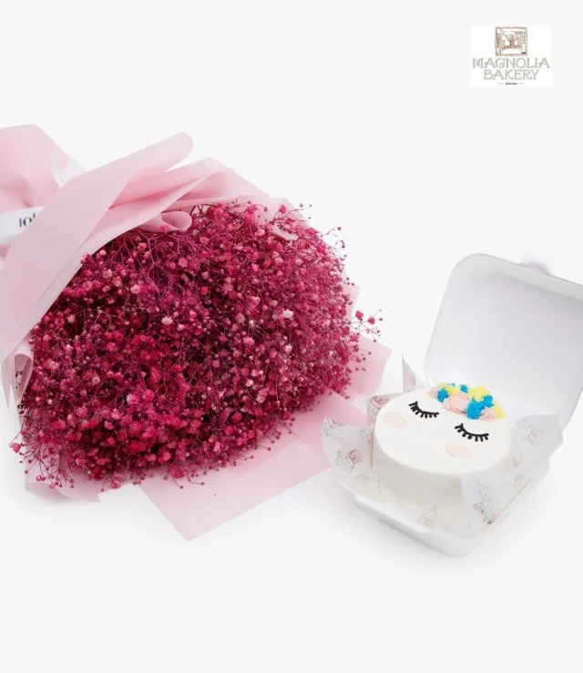 Unicorn Lunch Box Cake And Pink Gypsophila Flowers Bundle
