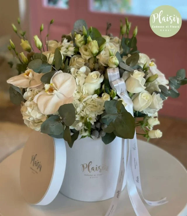 White and Green Floral Mix in White Cylinder By Plaisir