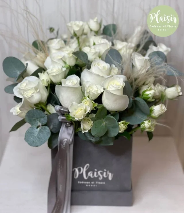 White Arrangement with Feathers in Grey Box By Plaisir