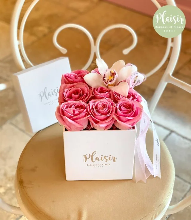 White Square Rose Box With Orchid By Plaisir