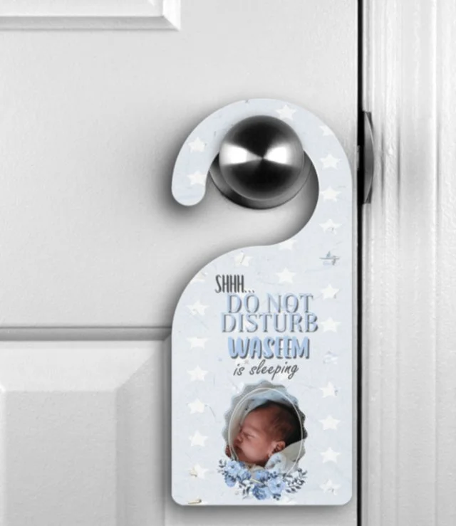 Wooden Door Hanger - Blue Baby Design With Baby Name And Photo