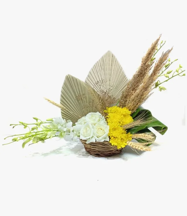 Yellow Chrysanthemum and White Roses with Dried Plants