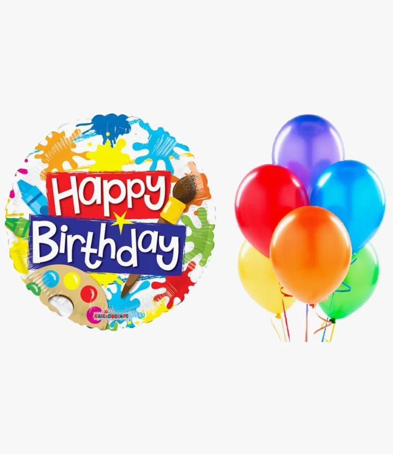 Happy Birthday Art Balloon and 6 Colorful Balloons