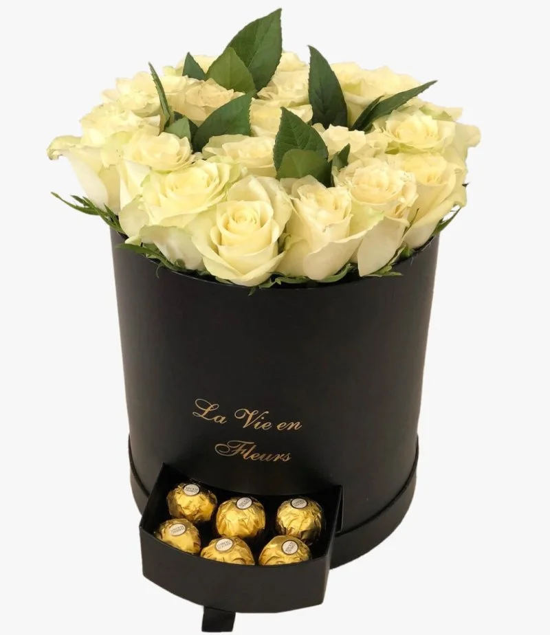 Cylindrical Box of White Roses and Chocolate