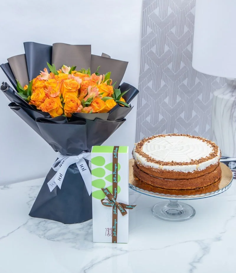 Jeff De Bruges Chocolate with Helen's Banoffee Cake and Flower Arrangement